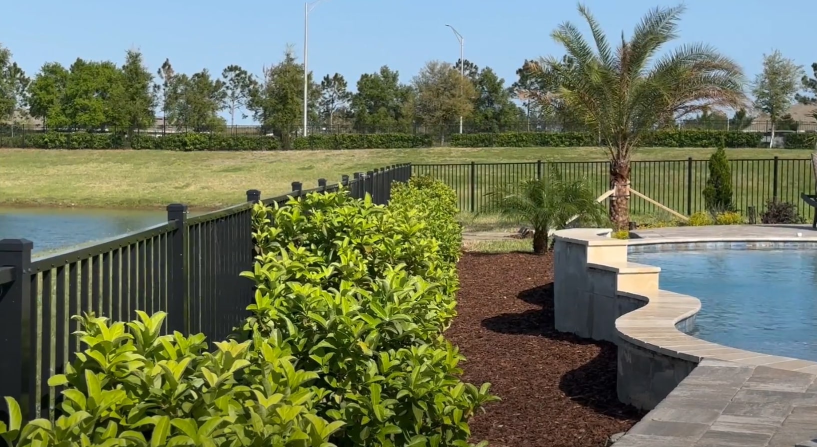 Professional landscape with pool showing integrated lighting and drainage solutions Professional landscape with pool showing integrated lighting and drainage solutions