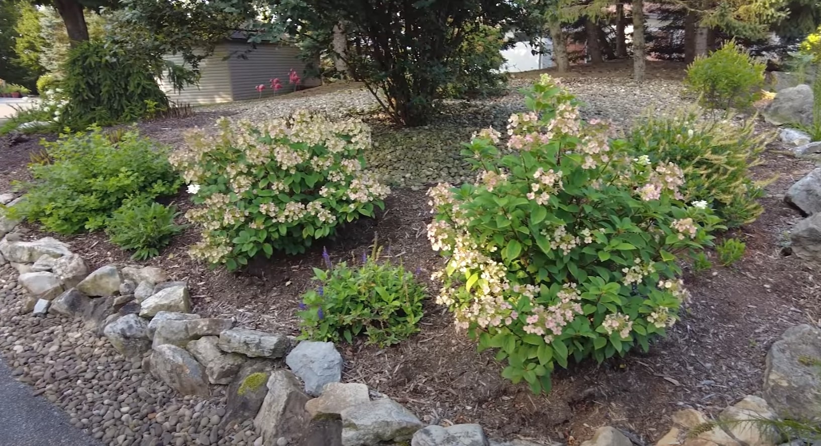 Professional landscape with rock garden features and efficient watering system