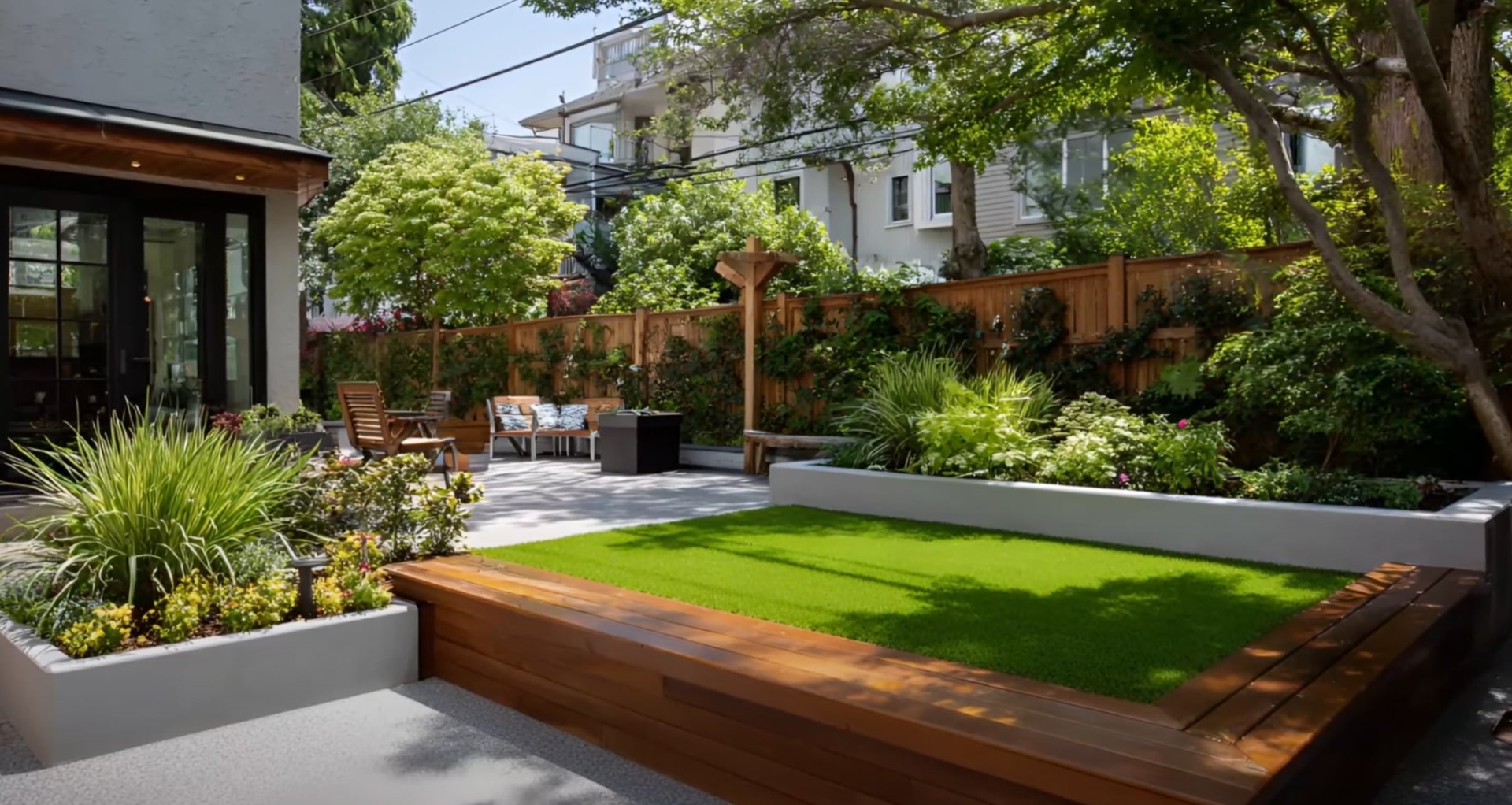 Contemporary backyard design featuring low-maintenance turf and outdoor entertaining space Modern outdoor living space with artificial turf, raised planters, and seating area