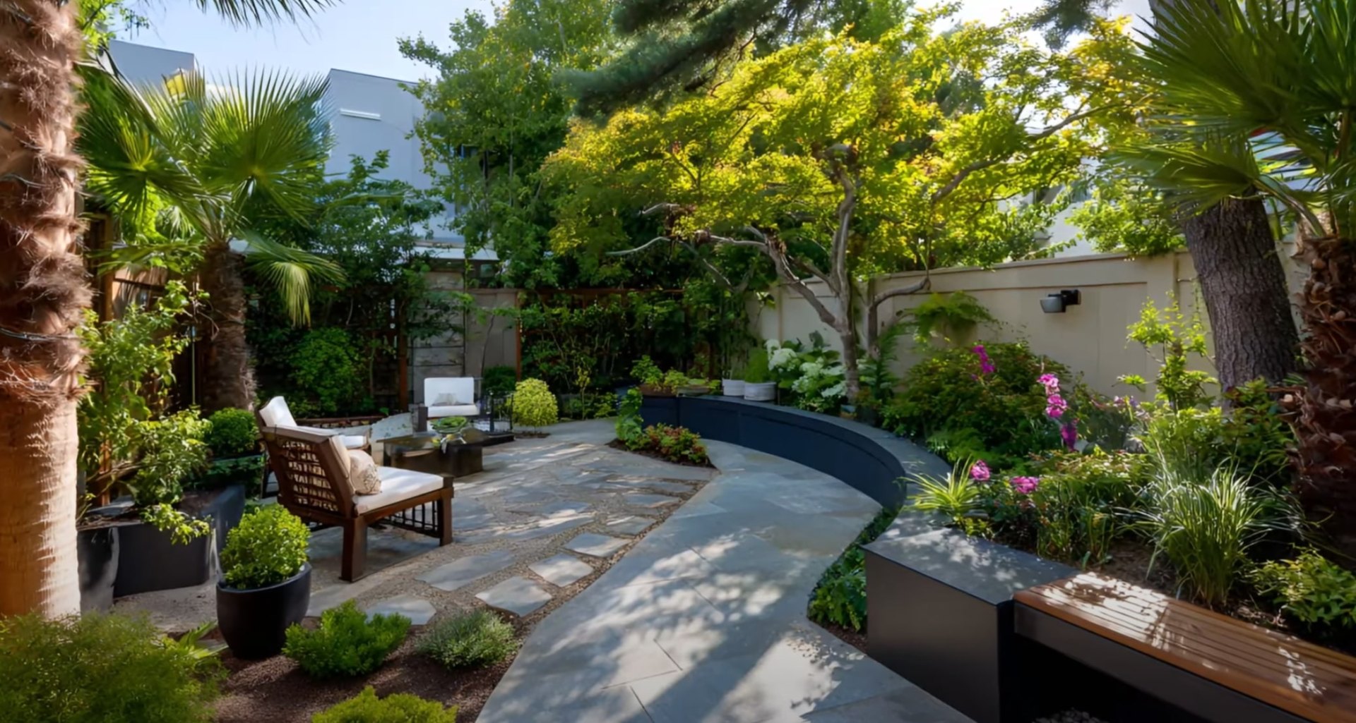 Luxury landscape design integrating pool area with lush tropical plantings and hardscaping Elegant backyard with curved pool, tropical landscaping, and outdoor furniture